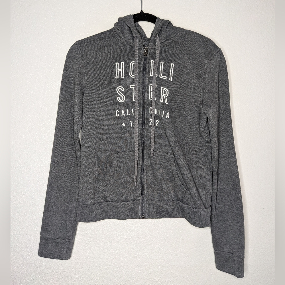 Hollister Womens Charcoal Gray Vintage Y2K Embroidery Logo Zip Up Hoodie S